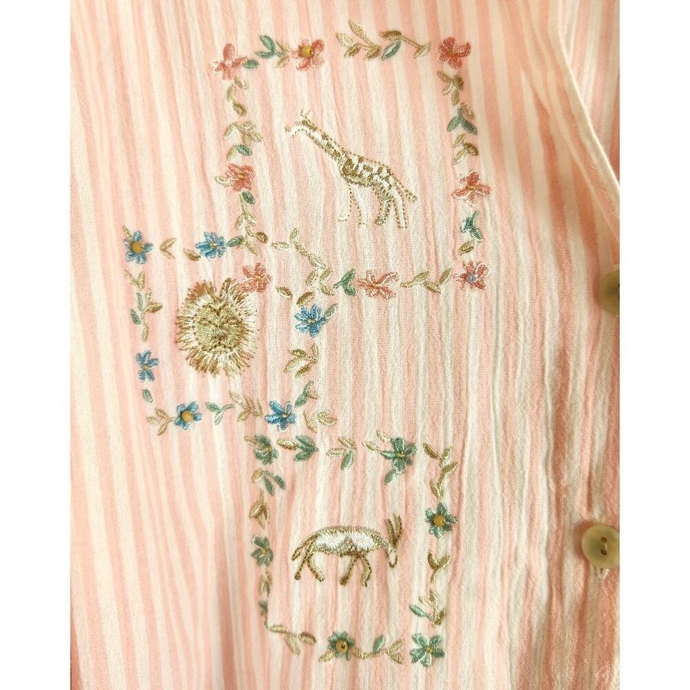 Vintage Pink Striped Button Front Embroidered Safari Animals Top Large - Picture 4 of 8